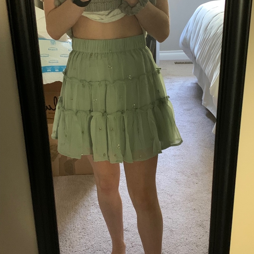 Green tiered skirt, size XS, sequin details